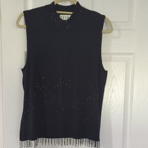 Erena Vintage Silk Blend Black Sleeveless Top with Fringe Detail